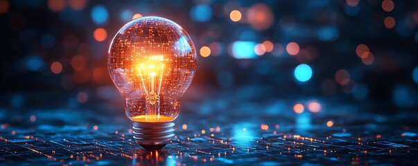 Poster - Glowing light bulb with circuit board inside, dark blue background, dynamic neon glow, intricate electronic details, modern tech aesthetic