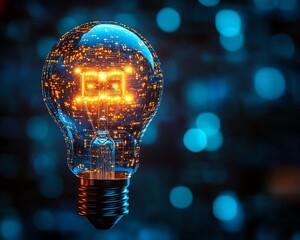 Poster - Glowing light bulb with circuit board inside, dark blue background, dynamic neon glow, intricate electronic details, modern tech aesthetic