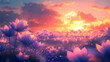 © Thiago - Sunset flowers and background, nature lover charming image. Neon Lotus Fields. Illustration