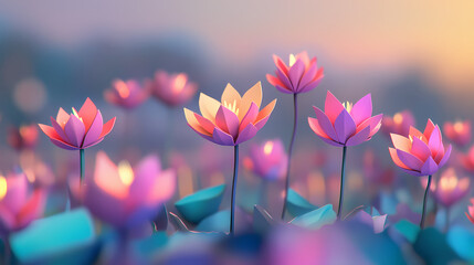 Wall Mural - Whimsical neon paper flowers in a surreal landscape with blurred backdrop. Neon Lotus Fields. Illustration