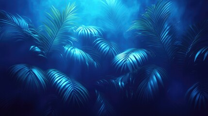 Wall Mural - Lush tropical foliage illuminated by soft blue light, creating a serene atmosphere in a misty setting