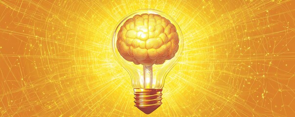 Poster - Bright yellow background featuring a light bulb with a brain inside, symbolizing innovative thinking and creativity, sharp details, contemporary style