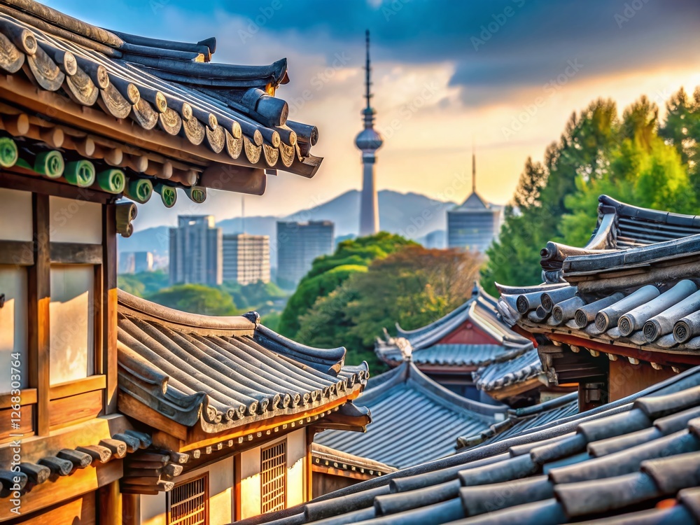 Traditional Korean Hanok House Roof with N Seoul Tower View, Namsangol ...