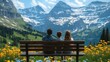 © Almahyra - Family enjoying Alpine mountain vista, wildflowers