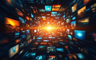 Poster - Global network connections with floating media content, including images, videos, and icons, illustrating worldwide connectivity and digital data flow, vibrant design