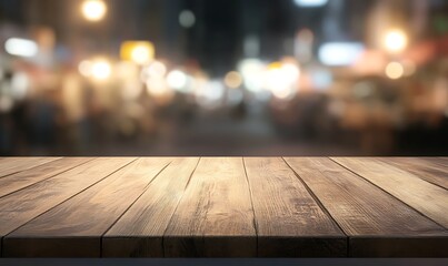 Poster - Wooden tabletop with a blurred background, ideal for showcasing furniture or interior design concepts.