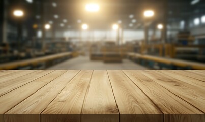 Poster - A wooden table set against a blurred background, perfect for interior design or home decor projects.