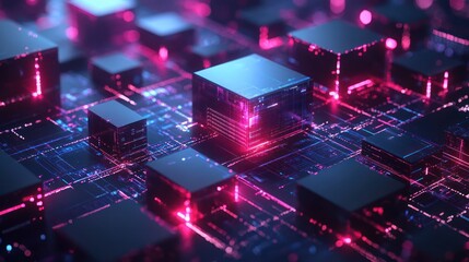 Poster - glowing cubes on circuit board; network data flow