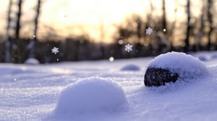 Wall Mural - Serene Winter Landscape  Snowflakes  Sunrise  Snowdrifts