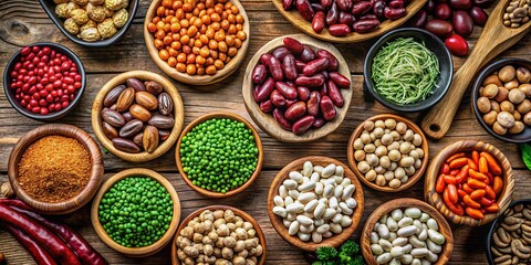 Wall Mural - Variety of Beans and Nuts Flat Lay: Cashews, Green Beans, Red Beans, Peanuts, Soybeans on Rustic Wooden Table