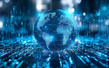 Poster - A blue glass globe surrounded by floating data blocks and lines of information, on a white background, representing global digital connectivity and technological advancement