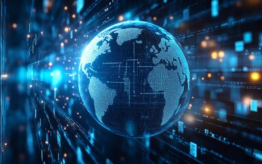 blue glass globe surrounded by floating data blocks and lines of code on a white background, illustr