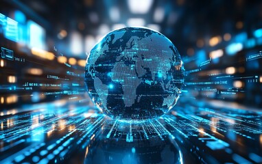 blue glass globe surrounded by floating data blocks and lines of code on a white background, illustr