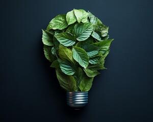 Concept of an ecofriendly lightbulb formed by fresh leaves, viewed from above, representing green energy, environmental protection, and sustainability