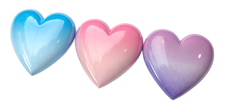 Three 3D Hearts with Soft Pastel Gradients for Romantic Themes, PNG Transparent