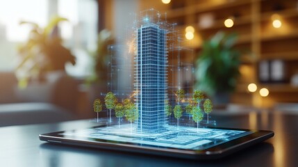 Poster - Tablet displaying architectural model of a high rise building with blueprints and design plans on the screen