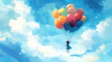 Poster - Girl floats skyward, balloons, clouds, whimsical, freedom, illustration