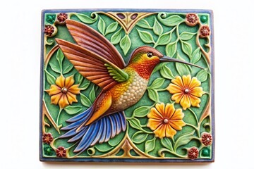 Naklejka na meble Vibrant Hummingbird Ceramic Tile Art: Realistic 3D Render of Ornate Bird Design, Isolated on White