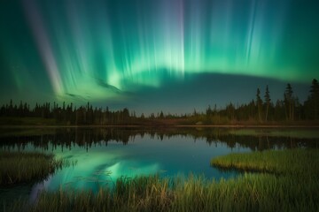 Canvas Print - aurora over the river,genarative ai