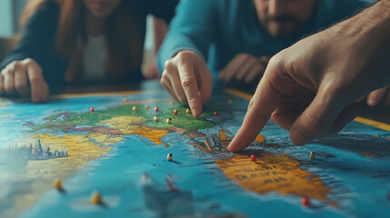 Aufkleber - Strategic Planning: Team members huddle over a detailed world map, pinpointing locations with colorful markers. Fingers trace routes and destinations, signifying planning, strategy.