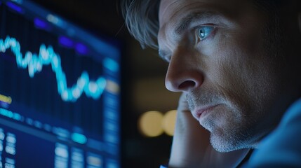 Poster - serious man analyzing stock market data blue light screen intense focus financial trader investment 