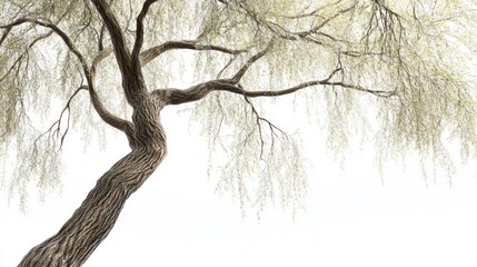 Weeping willow tree, spring blossoms, white background, nature scene, website banner