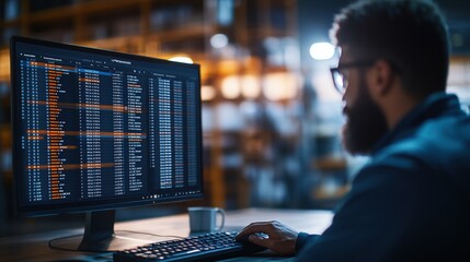 Poster - Warehouse worker sitting at a computer reviewing a spreadsheet with data analysis on the screen