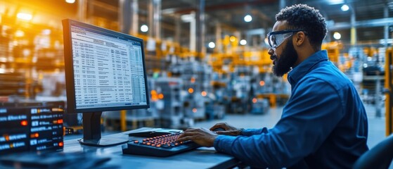Poster - Man working on a computer in a factory warehouse reviewing spreadsheet data on screen