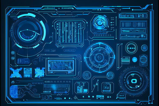 A futuristic vector illustration of a blue circuit board with intricate digital tech elements.