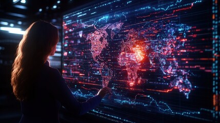 Poster - Woman using digital map on large screen for global data analysis and navigation in modern workspace