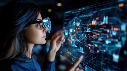 Poster - Woman with glasses interacting with a holographic interface while looking at a computer screen