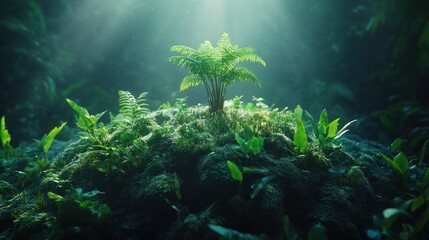 Poster - Fern sprout growing on mossy rock, forest background, nature scene, environmental concept