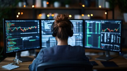 Poster - Young woman analyst working from home at desk with two computer monitors and focused expression