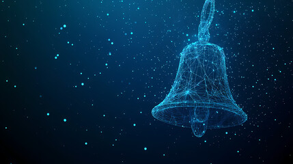 Aufkleber - Digital Bell: An intricate, glowing digital rendering of a bell against a dark blue backdrop, representing communication, information, or a concept.