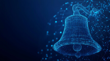 Aufkleber - Digital Bell in Cyber Space: A digital bell made of interconnected points and lines, suggesting a network of information or communication. It is set against a dark blue background.