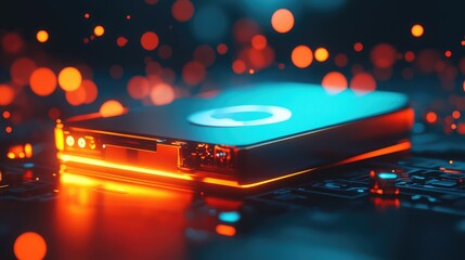 Poster - An abstract concept of data storage with a glowing hard drive and floating tech symbols. Plenty of copy space for tech-related designs.