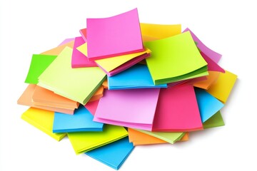 Colorful sticky notes pile, white background, office organization, reminder