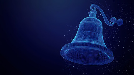 Aufkleber - Digital Bell: A futuristic illustration of a bell, constructed from interconnected digital lines, radiating a cool blue glow against a dark background, symbolizing technology, communication.