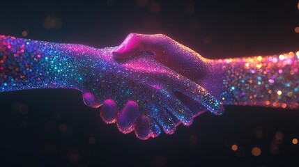 Poster - A D-rendered handshake composed of digital particles, representing AI-driven business cooperation. Copy space available.