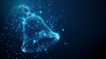 Aufkleber - Digital Bell: A glowing, abstract bell composed of interconnected lines and particles, representing technology, communication, or notifications, set against a dark background.