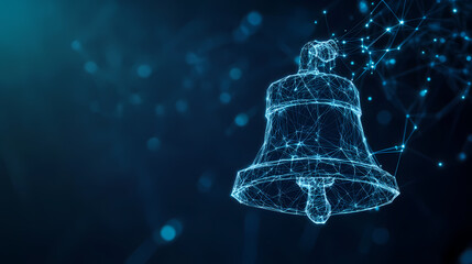 Aufkleber - Digital Bell: A digital rendering of a bell formed by interconnected points and lines, glowing against a dark blue backdrop, evoking concepts of technology and information.