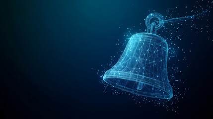 Aufkleber - Digital Bell: A stylized digital rendering of a bell, composed of interconnected points and lines, glows against a dark, futuristic background, embodying innovation and a touch of digital artistry.