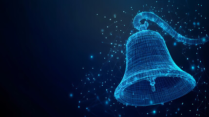 Poster - Digital Ring: An abstract representation of a bell rendered in blue wireframe, surrounded by shimmering particles, set against a dark backdrop.