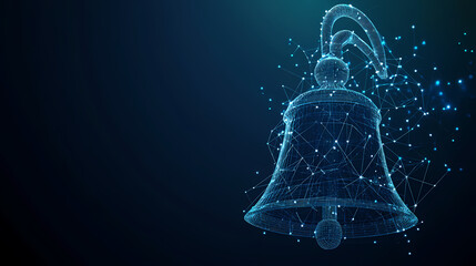 Aufkleber - Digital Bell: A stylized digital representation of a bell, rendered in a network of glowing blue lines and points against a dark backdrop.