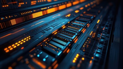 Poster - A close-up of a glowing data center with digital storage units and connections, symbolizing modern technology infrastructure. Copy space available.