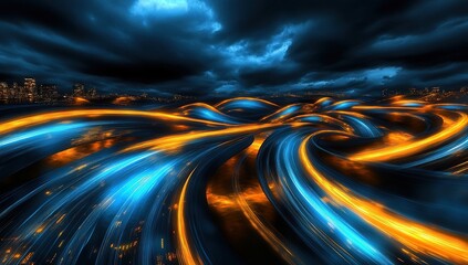 Poster - Abstract Cityscape:  Swirling Blue and Orange Light Trails Over a Night City, Dynamic Energy Flowing Through Urban Landscape
