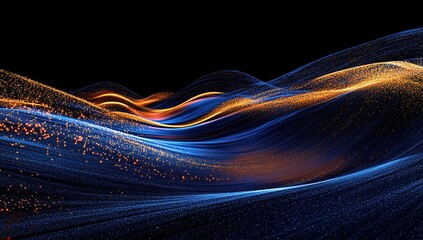 Poster - Abstract Blue and Gold Particle Waves Flowing Dynamically Across Dark Background: A mesmerizing digital art piece.