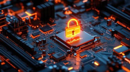 Poster - A cyber security lock hovering above a motherboard, representing encrypted system security. Copy space available.