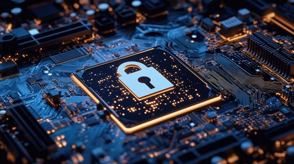 Poster - A cyber security lock hovering above a motherboard, representing encrypted system security. Copy space available.