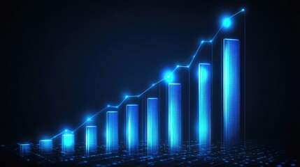 Wall Mural - A digital bar chart glowing in neon blue with an upward financial trend, symbolizing profit and revenue growth. Dark background with copy space.